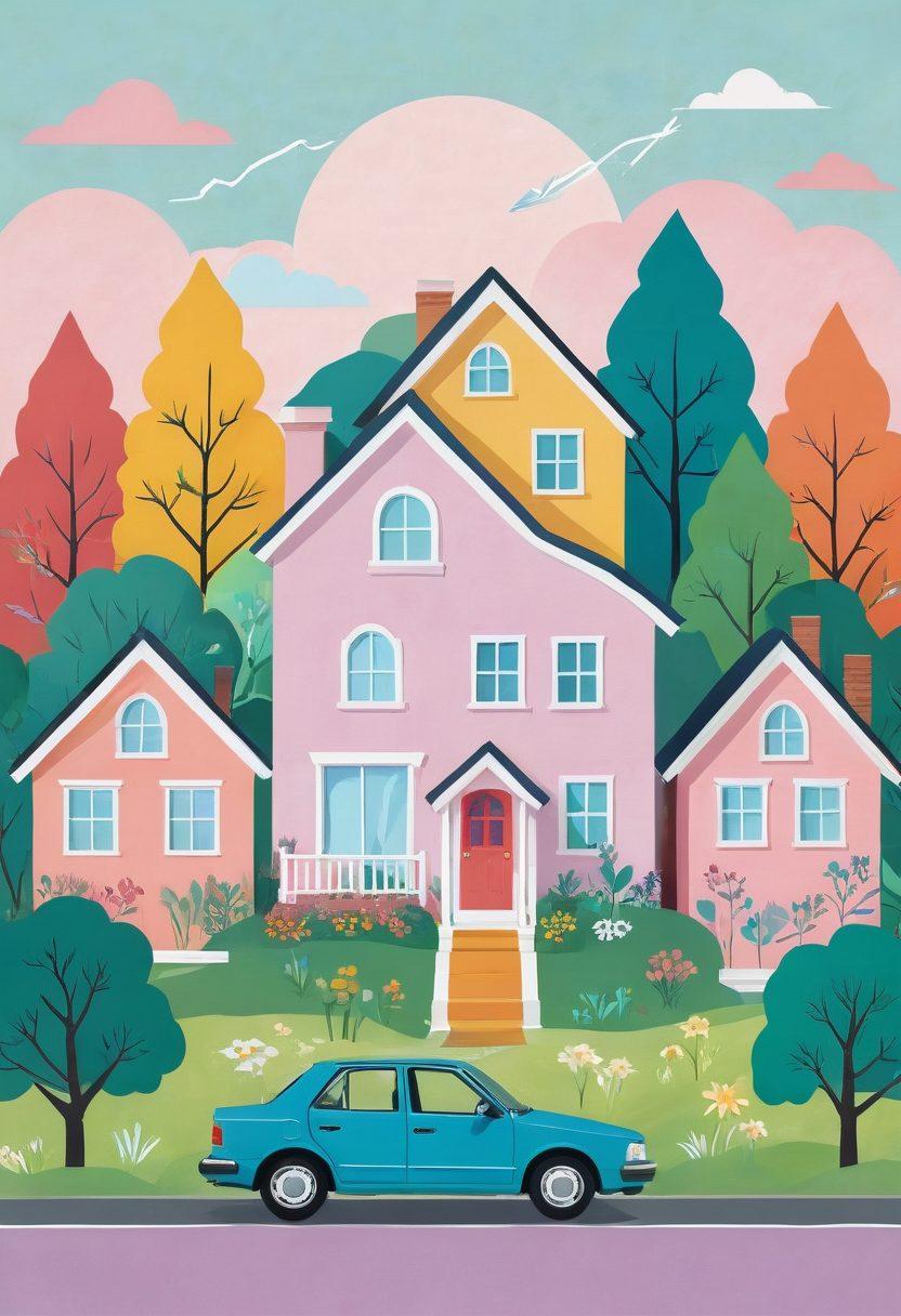 A collage of various insurance-related symbols, including a car, a house, and healthcare elements like a stethoscope, all interconnected with vibrant arrows symbolizing affordability and wellness. The background features a serene landscape, highlighting peace of mind. Soft pastel colors enhance the feeling of comfort and assurance. vector art. vibrant colors. cheerful theme.