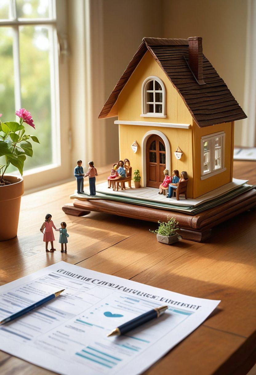 A warm and inviting scene featuring a diverse family gathered around a table filled with financial planning documents, smiling and discussing future goals. Surrounding them are symbols of life and health insurance, such as a shield, a heart, and a small house with a garden. The atmosphere conveys trust, love, and security, with sunlight streaming through the window. soft focus. vibrant colors. cozy home setting.