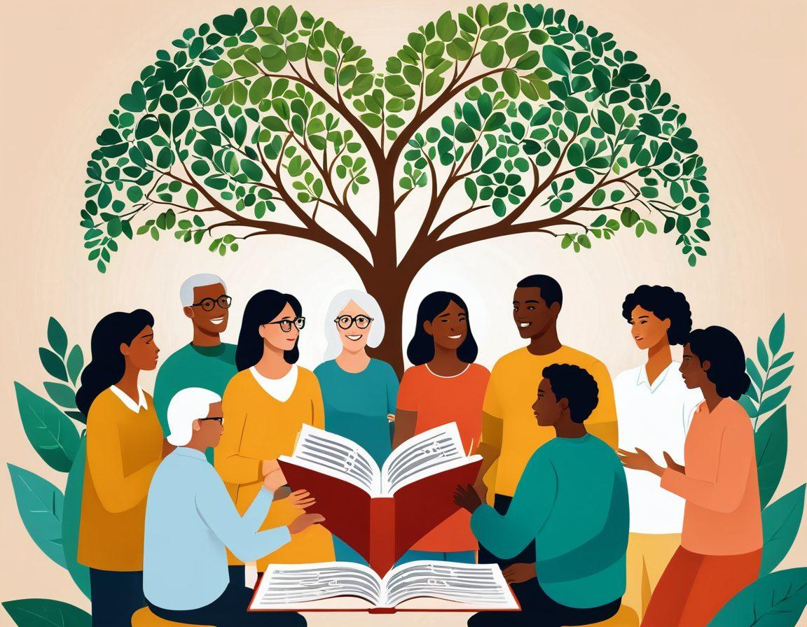 A serene scene depicting a diverse group of people engaging with various insurance solutions, surrounded by symbols of financial wellness like a heart, shield, and open book. They should be depicted in a loving, supportive environment that radiates trust and security, with warm colors creating a welcoming atmosphere. The background should feature abstract representations of growth and stability, such as tree branches or gentle waves. super-realistic. warm color palette. soft-focus background.